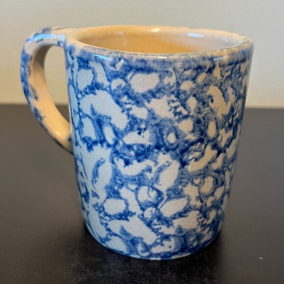 Vtg Roseville, Ohio Pottery R.R.P. Co USA Blue Spongeware Heavy Earthenware Mug - Picture 3 of 13